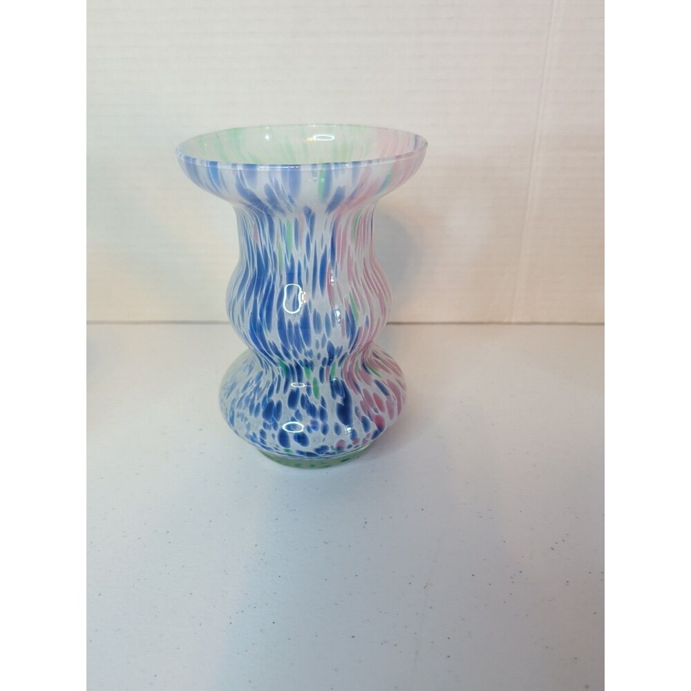 VTG Lavorazione Arte Murano Swirled Hand Blown Glass Blue Pink Green Vase 6"
